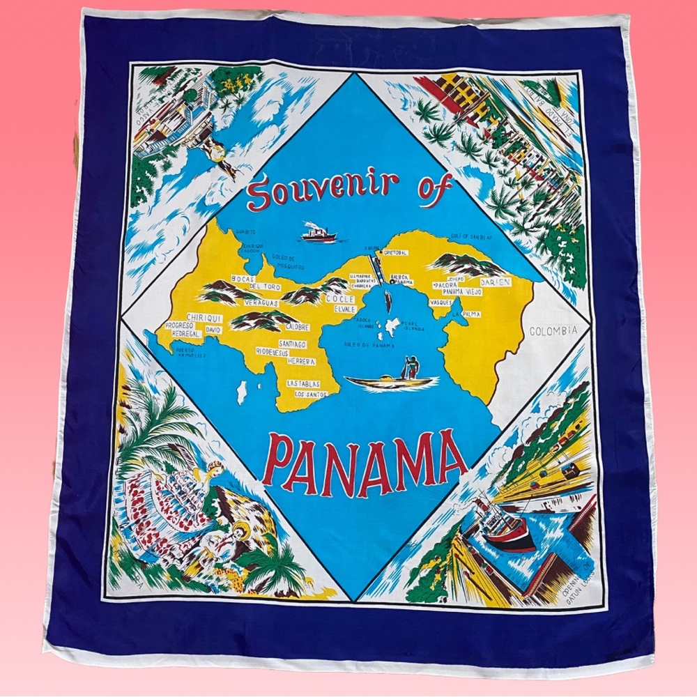 Vintage Stunning Silk Screen Printed Panama Souvenir Scarf! GORGEOUS 36”x31”